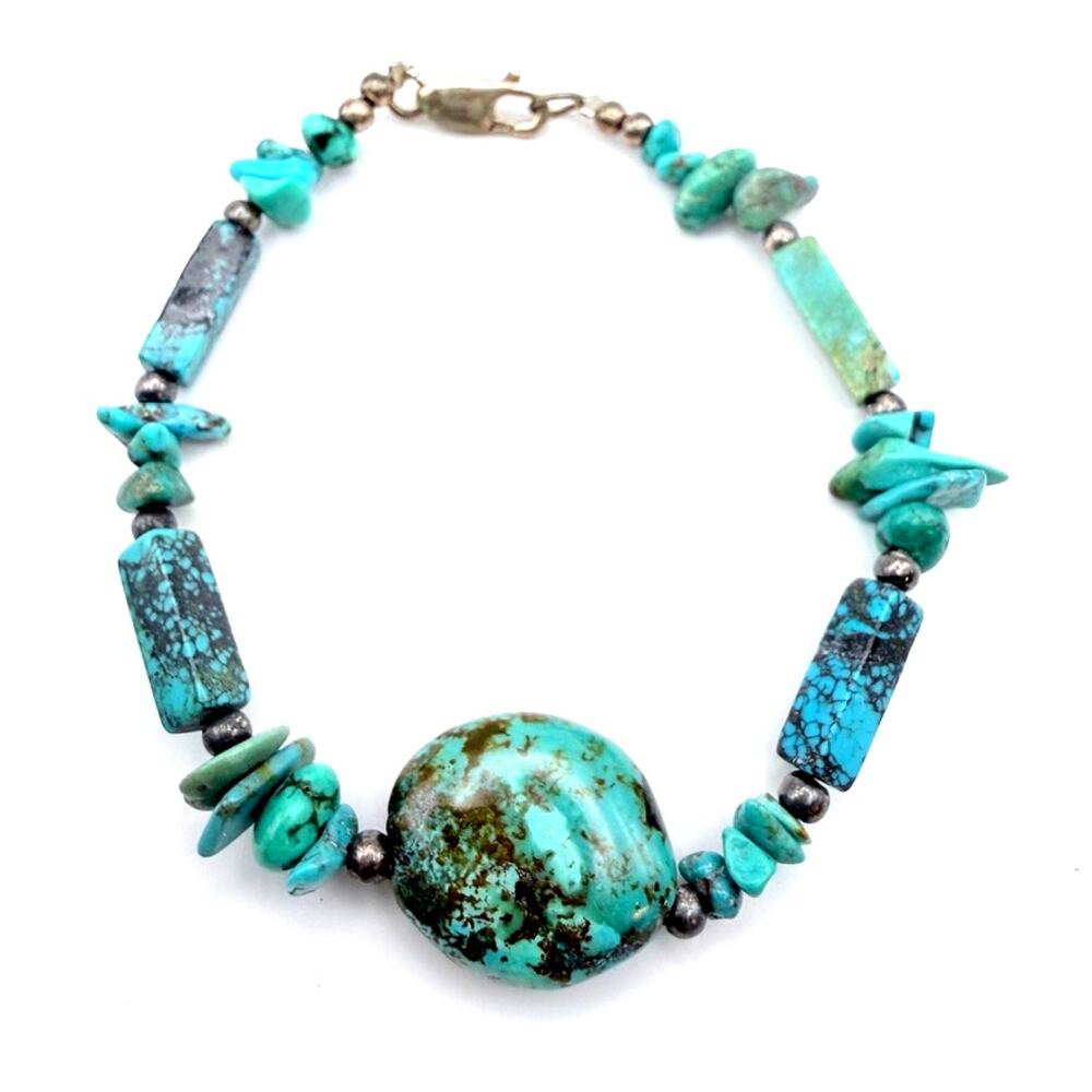 Vtg 925 Silver Turquoise Beaded Bangle Bracelet Southwestern Boho Style